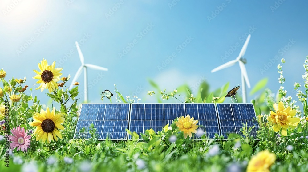 Aufkleber environmental engineering wind turbine fields and eco symbols in flat design vector look digital art