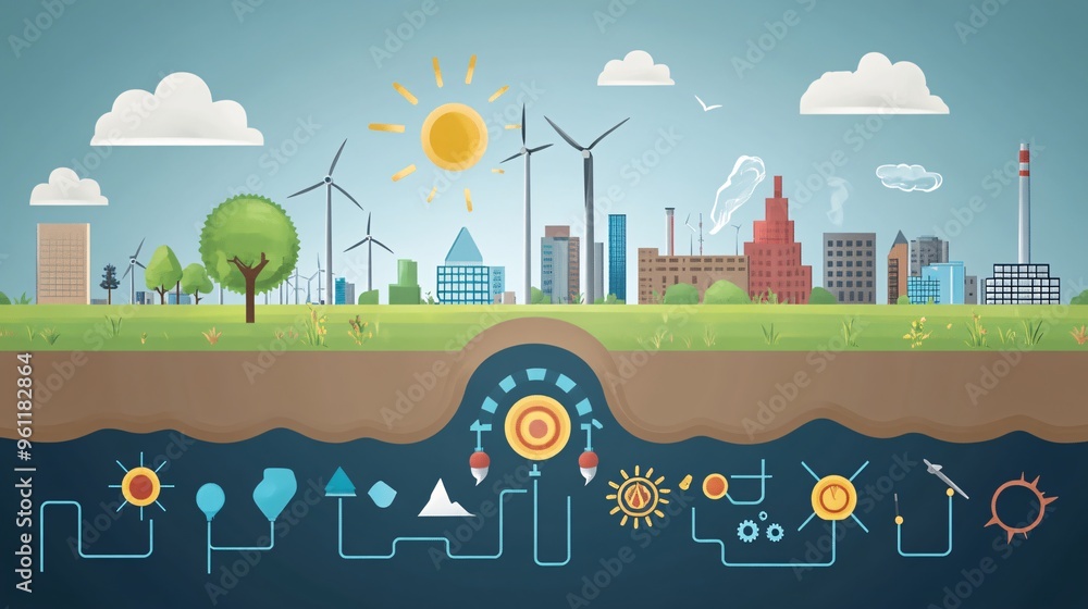 Poster Environmental engineering wind turbine fields and eco symbols in flat design Vector look Digital art Large space for text in center Stock Photo with copy space