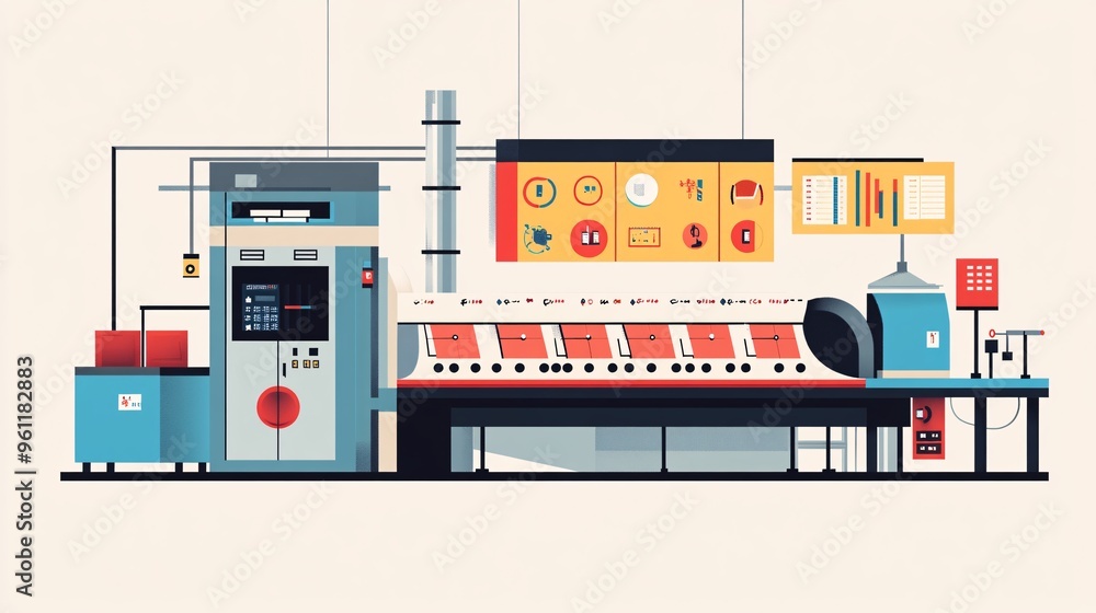 Poster Industrial engineering with factory production lines and efficiency charts in flat design Vector look Digital art Large space for text in center Stock Photo with copy space