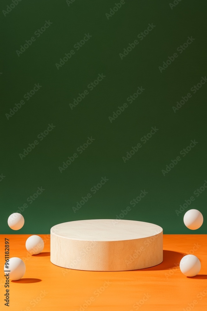 Aufkleber minimalist rubber podium on gradient background with floating ping pong balls and dynamic lighting