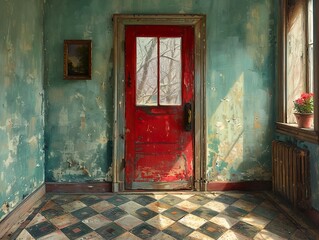 A red door in a dilapidated room with peeling paint and a diamond patterned floor.