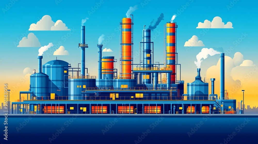 Poster Petroleum engineering oil extraction pumps and gas storage tanks in flat design Vector look Digital art Large space for text in center Stock Photo with copy space