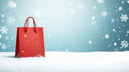 A vibrant red shopping bag sits on snowy surface, surrounded by falling snowflakes, creating festive winter atmosphere.