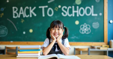 Cute School Girl Holding Her Cheeks in Excitement in Front of 'Back to School' Chalkboard