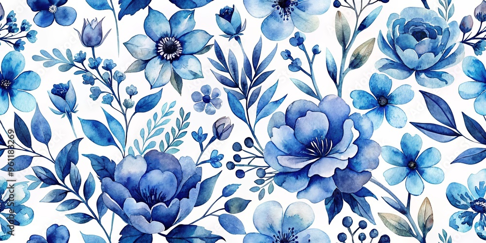 Wall mural Watercolor indigo flower pattern perfect for botanical backgrounds and prints