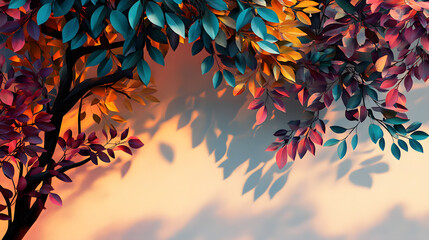 A tree with vibrant, colorful leaves casting long shadows on a warm-toned wall.
