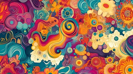 Fototapeta premium Abstract, colorful, psychedelic art with swirls, flowers, and dots.