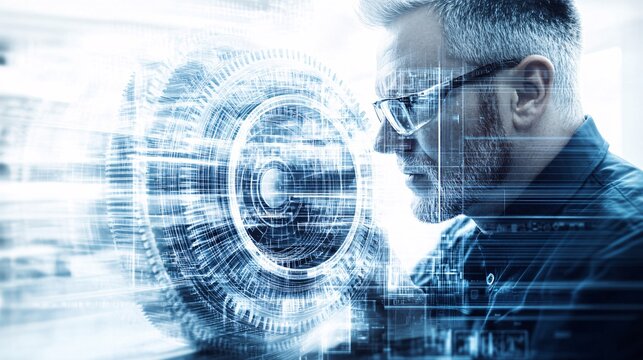 Mechanical engineer designing precise 3D gear system on digital interface