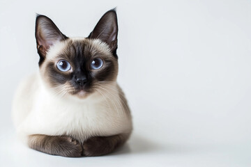 Siamese cat with blue eyes is laying on a white background. The cat is calm and relaxed, and its blue eyes give it a serene and peaceful appearance