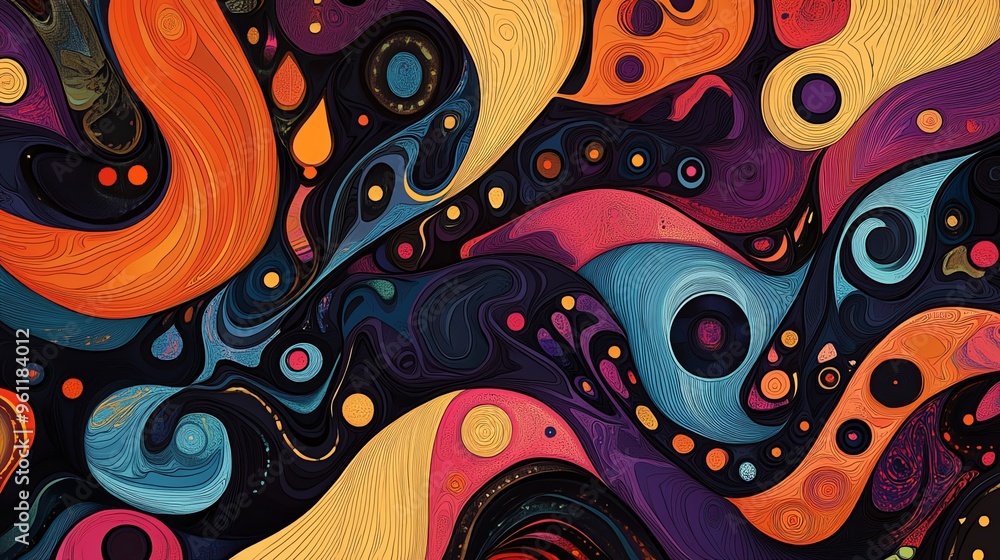 Poster psychedelic abstract artwork with swirling lines and colorful shapes.
