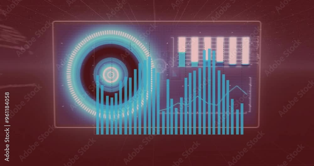 Poster Data visualization animation with circular and bar graphs over digital interface