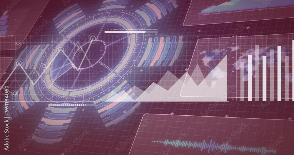 Poster Graphs and charts animation over futuristic interface with data visualizations