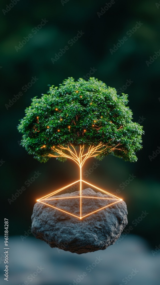 Poster abstract green tree with neon lights growing from a stone and connected by a network of glowing line
