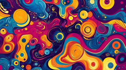 Psychedelic abstract art with swirls, circles, and colorful patterns.