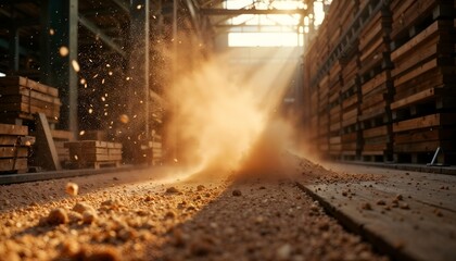 Dramatic Dust Emission from Warehouse with Stacked Wooden Pallets