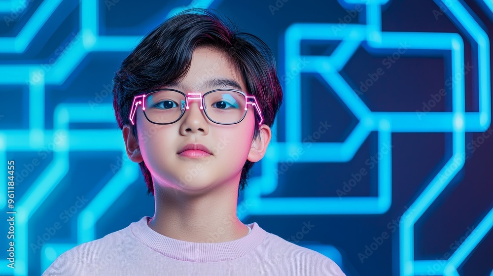 Poster futuristic boy with neon lights connected network pattern technology background
