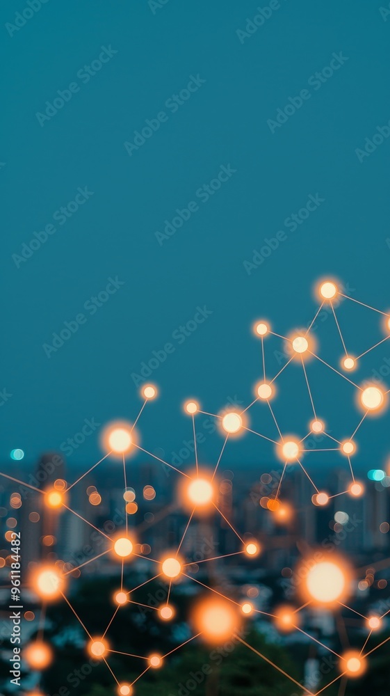 Sticker abstract network technology concept - connecting nodes neon lights over city skyline