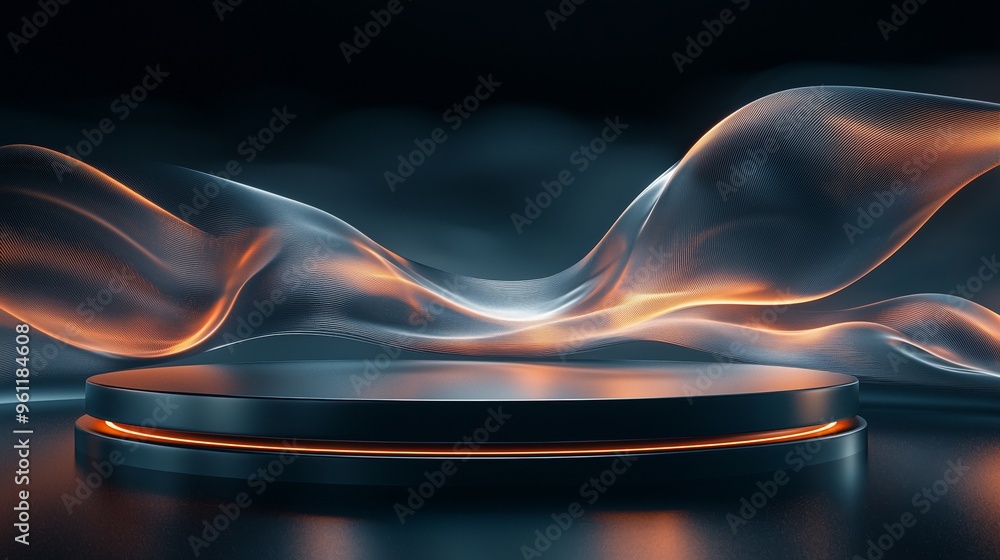 Poster a smooth, metallic 3d podium with a reflective surface, surrounded by flowing digital lines and abst