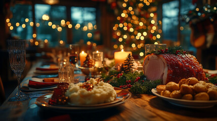 A beautifully set wooden table for a Thanksgiving party, with a feast including roast turkey, stuffing, cranberry sauce, and pumpkin pie
