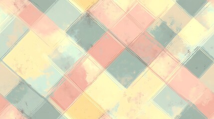 A seamless pastel plaid pattern featuring intersecting stripes in soft blush pink, pale yellow, and light blue, arranged symmetrically to create a calming and classic design --ar 16:9 --no logo --tile