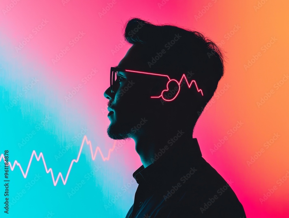 Poster network connections and data flow man silhouette with neon line art in vibrant gradient background.