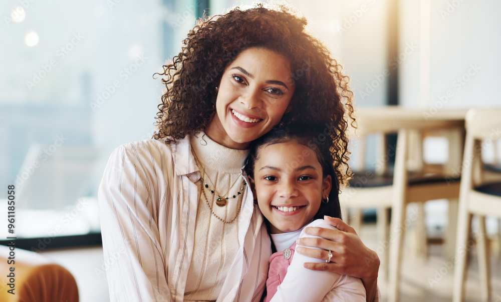 Poster Kid, woman and portrait with smile in home for love, support and bonding together on weekend. Happy, mother and daughter relaxing with hug in living room for care, connection and trust in childhood