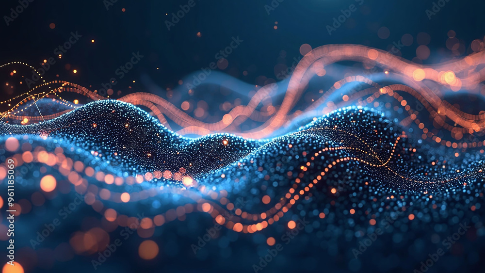 Poster abstract digital wave with glowing particles in motion