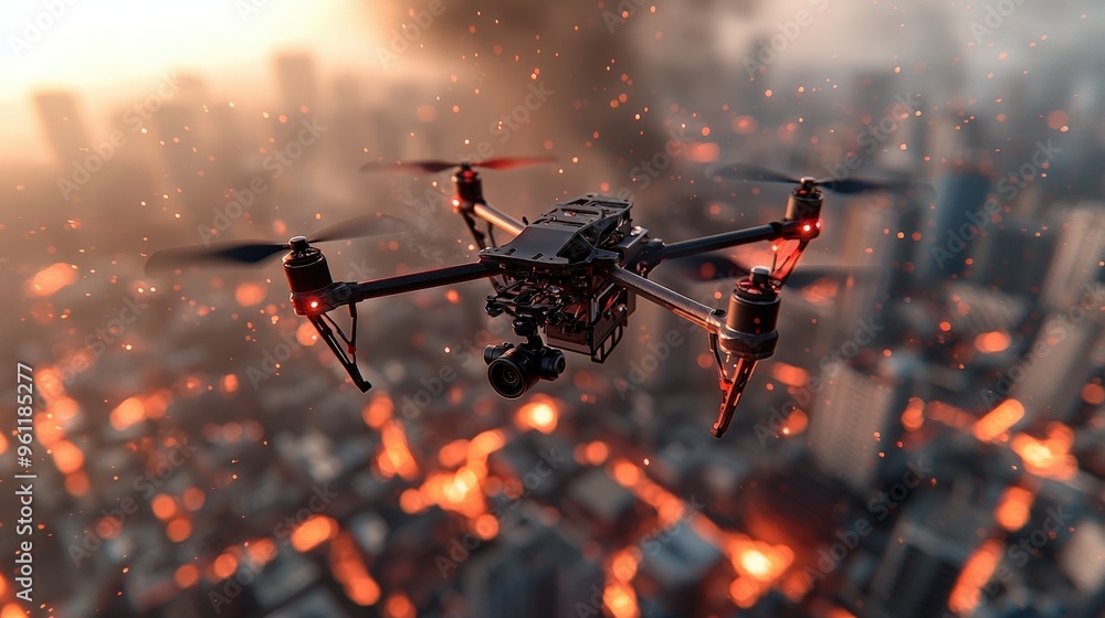 Poster rescue drone hovering over a burning building mapping out escape routes