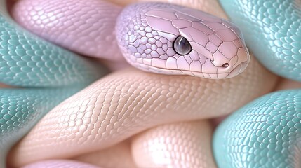 Fototapeta premium A seamless pastel snake skin print in light pink, soft teal, and lavender hues, forming a textured yet gentle design on a smooth white background --ar 16:9 --no logo --tile