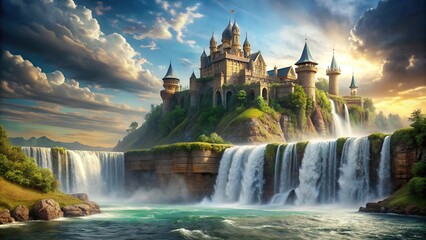 Castle floating on water with a majestic waterfall cascading down from its towers, ethereal, magical, medieval, peaceful, fairytale, enchanting, nature, majestic, floating,castle, dreamy