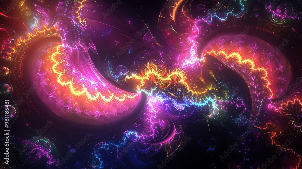 Poster abstract design with glowing swirls and lines in vibrant colors.