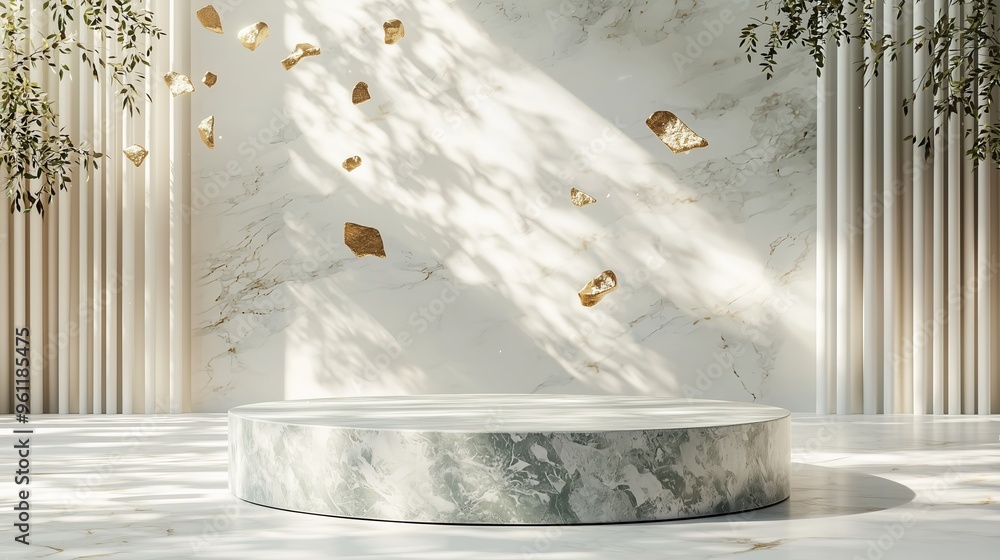 Poster a marble 3d podium with intricate patterns, highlighted by abstract floating gold shapes, set agains