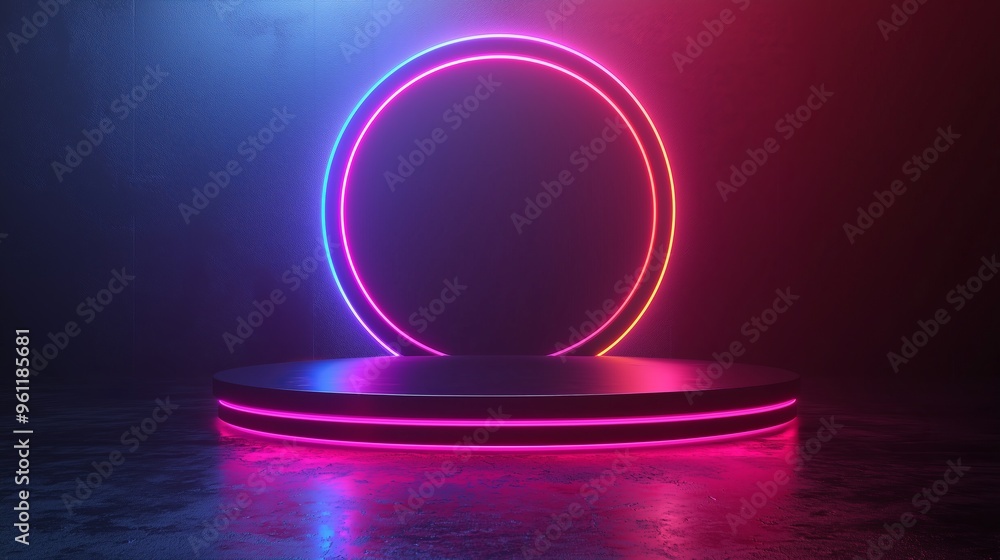Poster a futuristic 3d podium with a metallic surface, illuminated by vibrant neon lights in abstract patte