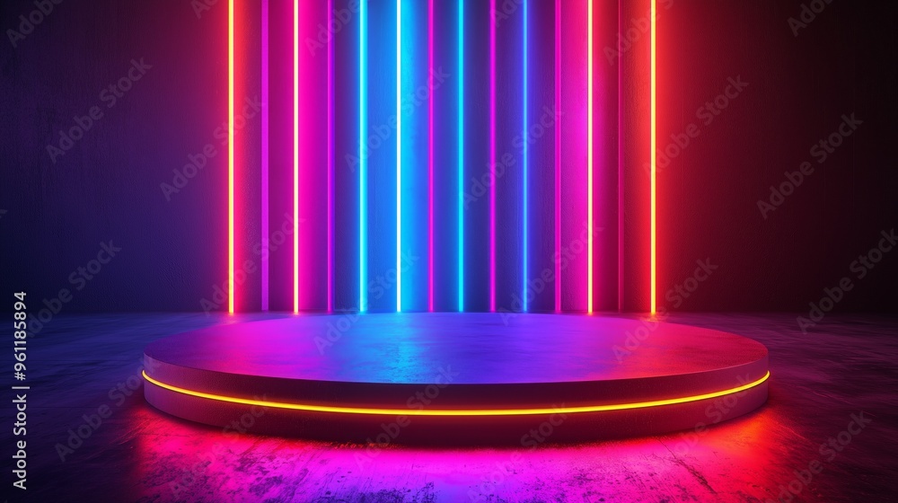 Poster a futuristic 3d podium with a metallic surface, illuminated by vibrant neon lights in abstract patte