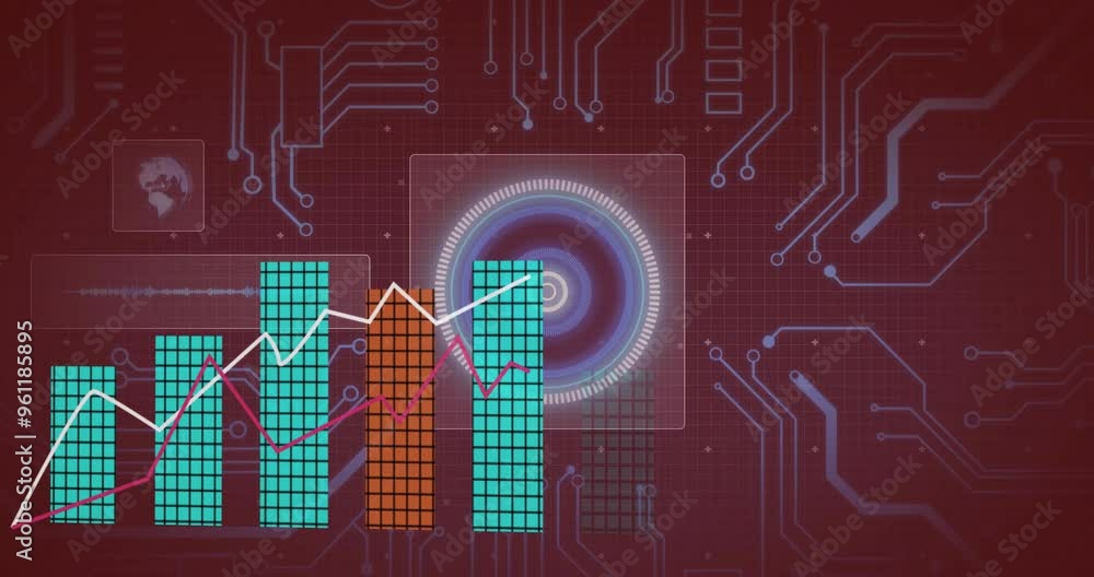 Poster bar and line graphs over digital circuit board and abstract circular animation