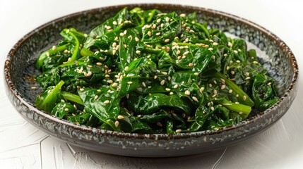 Stir-fried mustard greens on a black plate isolated on a white background