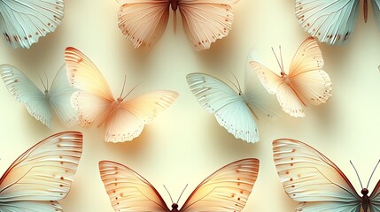 A seamless pattern of pastel butterflies in muted tones of pale peach, soft blue, and light yellow,