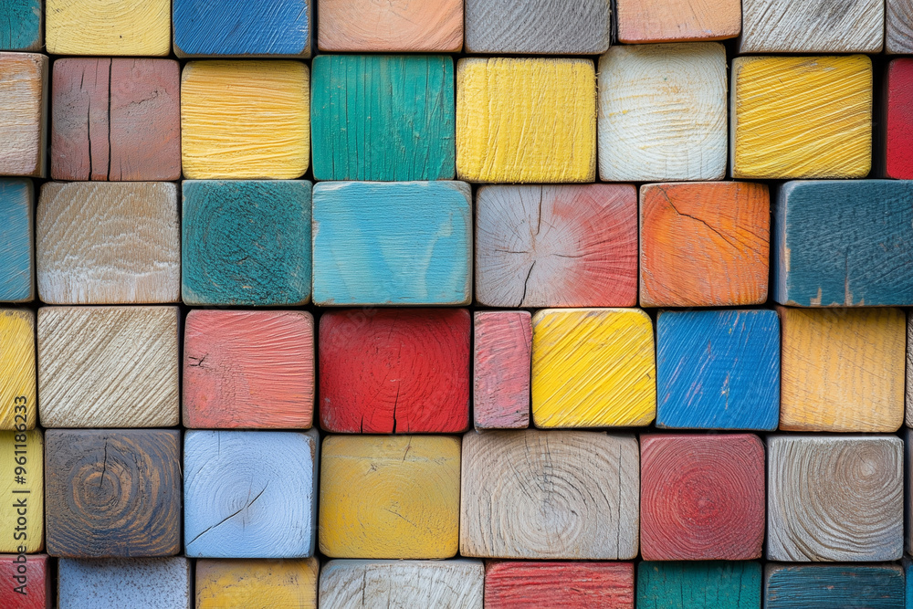 Poster colorful mosaic made of wood blocks. the blocks are of different colors and sizes, creating a vibran