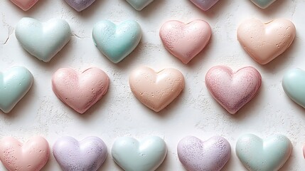 Obraz premium A seamless pattern of pastel hearts in blush pink, pale lavender, and light teal, scattered evenly across a white background with soft blending and delicate textures,