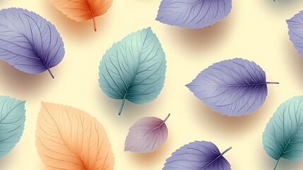 A seamless pattern of pastel leaves in muted tones of light lavender, pale mint, and soft peach,