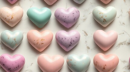 Fototapeta premium A seamless pattern of pastel hearts in blush pink, pale lavender, and light teal, scattered evenly across a white background with soft blending and delicate textures,