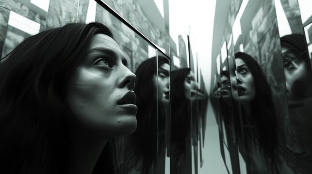 A woman gazes intensely at her reflection as she stands in a maze of mirrors, creating a surreal and disorienting environment. The repetition of her reflection captures a sense of confusion and