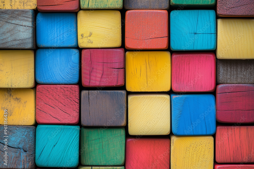 Poster colorful mosaic made of wood blocks. the blocks are of different colors and sizes, creating a vibran