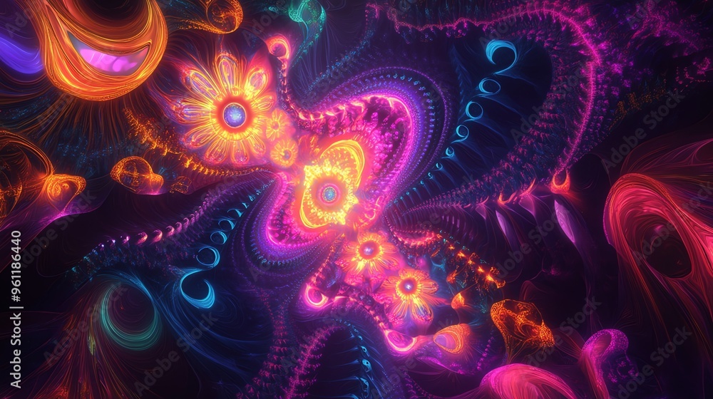 Poster abstract psychedelic fractal art with neon colors and swirling patterns.