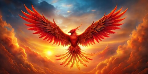 Abstract red phoenix with fiery wings flying high in the sky, creature, wild, wide-angle, legend, surreal, majestic, wings, fire, vibrant,phoenix, mythical bird, avian, flying, blazing