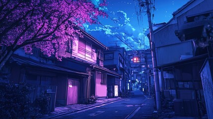 Lofi Beautiful Japanese Japan Tokyo City Town at Night - House at Street Anime Comic Artstyle Cozy Peaceful Peace Asian Wallpaper Background Purple Blue Cyan Color
