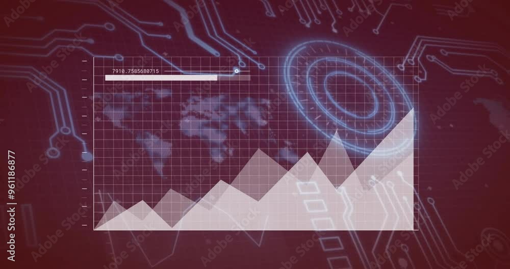 Aufkleber graph with rising trend over digital world map and circuit board animation