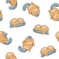 Obraz premium Cute platypus character. Seamless pattern. Kawaii animal in different poses. Vector drawing. Design ornaments.
