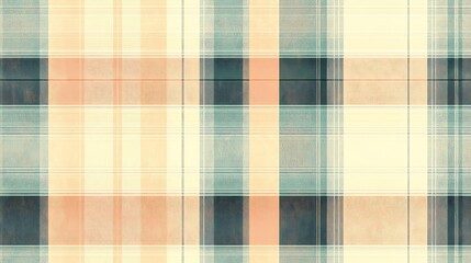 Obraz premium A seamless plaid pattern in soft pastel tones of light peach, pale teal, and muted lavender, with overlapping stripes forming a classic checkered design on a cream backdrop --ar 16:9 --no logo --tile