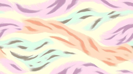 Fototapeta premium A seamless tiger stripe pattern in soft pastel tones of light pink, mint, and lavender, creating a fluid and gentle animal print on a cream-colored background --ar 16:9 --no logo --tile